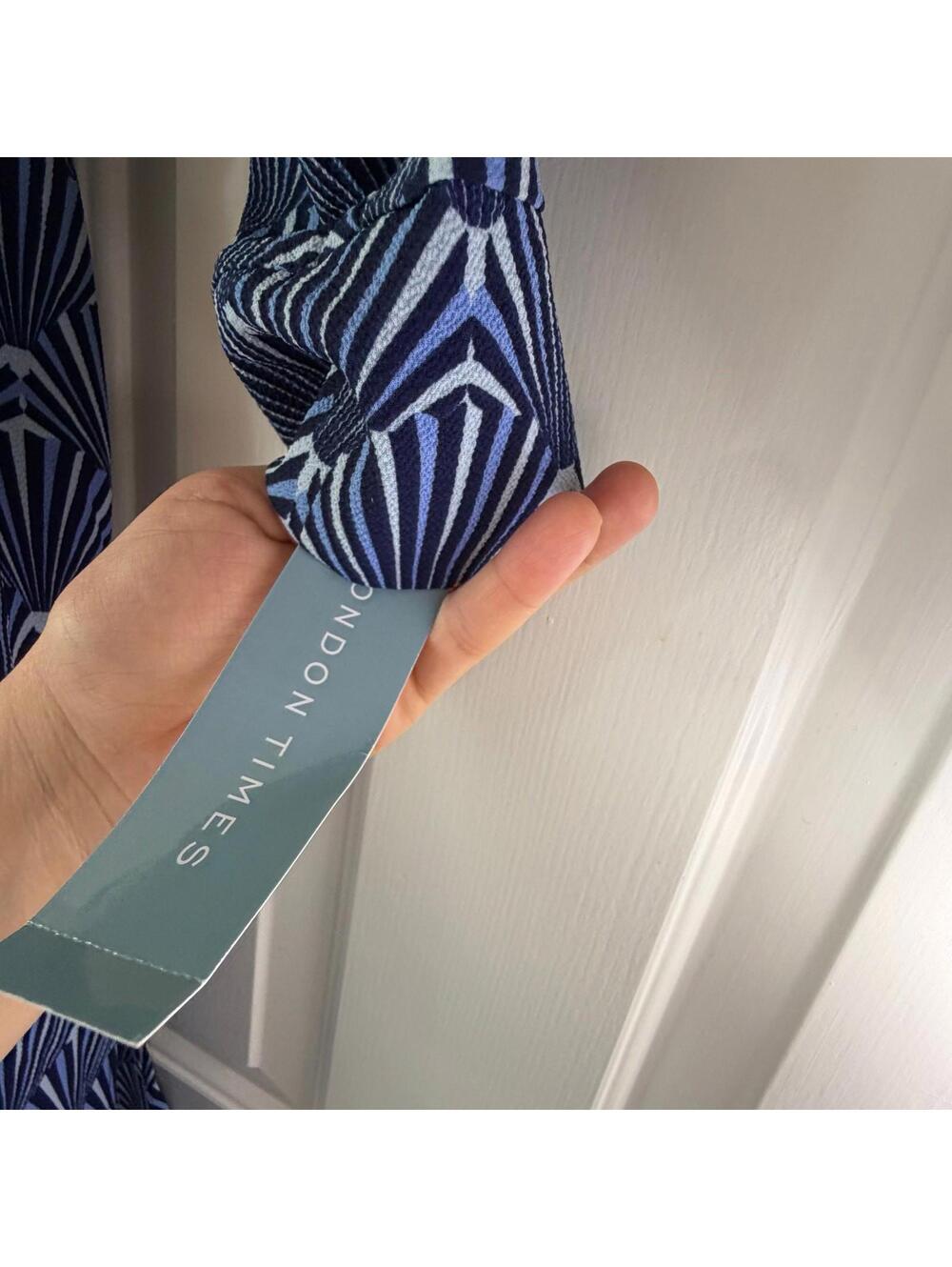 London Times Blue Geometric Wrap Midi Dress Long Sleeve NWT 16 - Picture 7 of 9